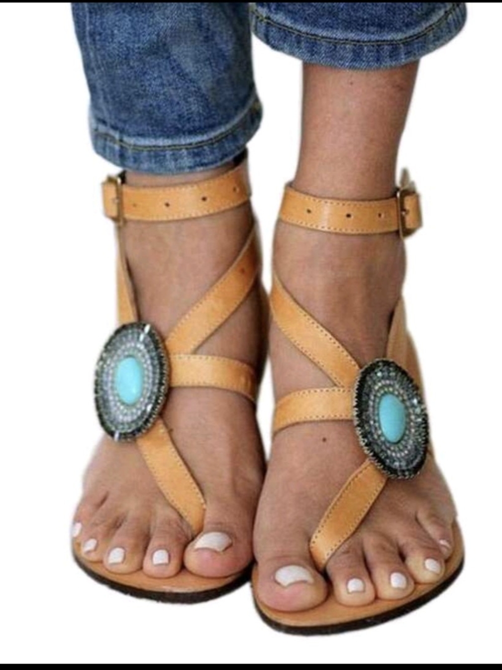 Womens Tan Strappy Sandals with Turquoise Medallion - Only Worn 1 Time